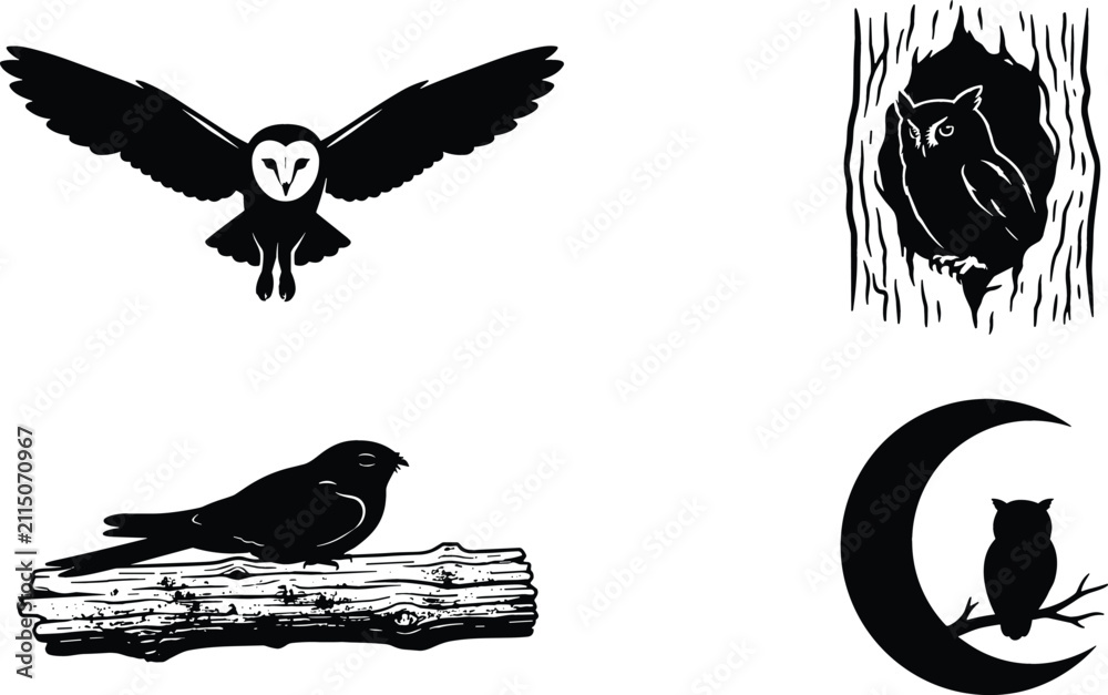 Obraz premium Nocturnal Owls and Wild Forest Birds Silhouette Vector Set Featuring Flying Barn Owl, Perched Bird on Log, Hollow Tree Owl, and Night Moon Perch Graphic Elements