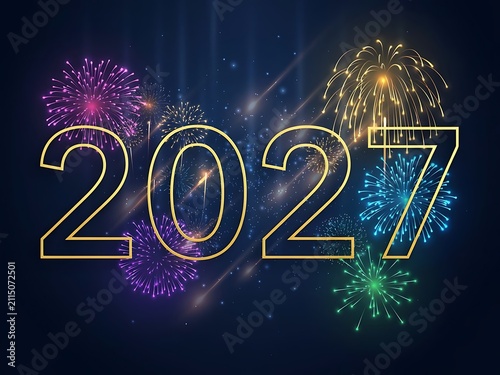Celebrating the New Year 2027 with vibrant colorful fireworks illuminating the dark sky and large golden outlined numbers marking the year for a festive and joyful new beginnings