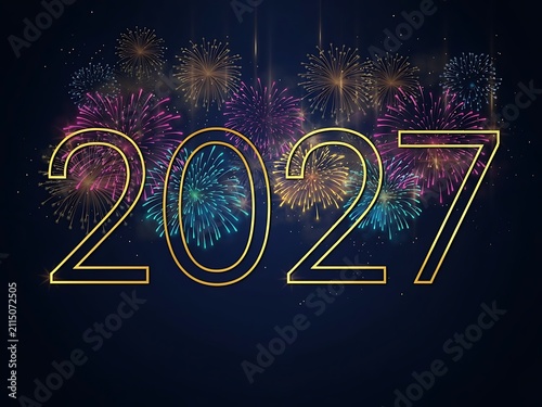 Celebration of the New Year 2027 with colorful fireworks illuminating the night sky and bright golden numbers displaying the year 2027 for a festive and joyful atmosphere