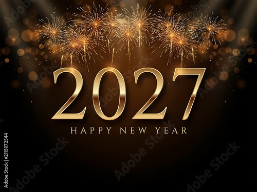 Celebratory 2027 new year greeting with golden numbers and vibrant fireworks display for a festive and joyful occasion