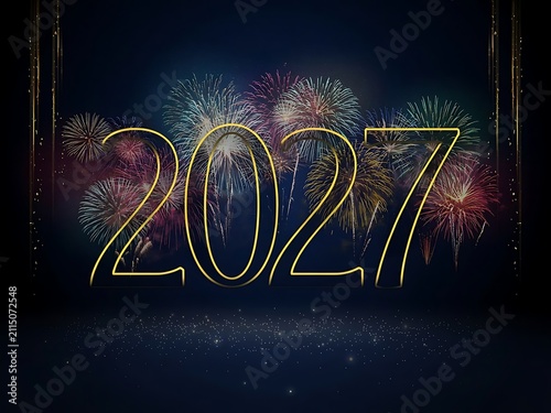 Celebratory New Year 2023 fireworks display with bright colorful explosions illuminating the dark