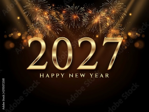 Celebration of the New Year 2027 with Golden Numerals Fireworks Display and Sparkling Background for Festive Occasions and Greetings