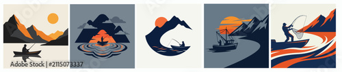 Set of Vector Illustrations Featuring Fishermen in Boats Against Dramatic Mountain Landscapes and Sunset Scenes