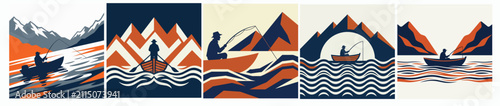 Stylized landscape set featuring fishermen in rowboats surrounded by mountains in a navy and orange graphic style