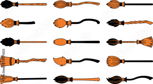 Foto Collection of various magical witch broomsticks isolated on a white background f