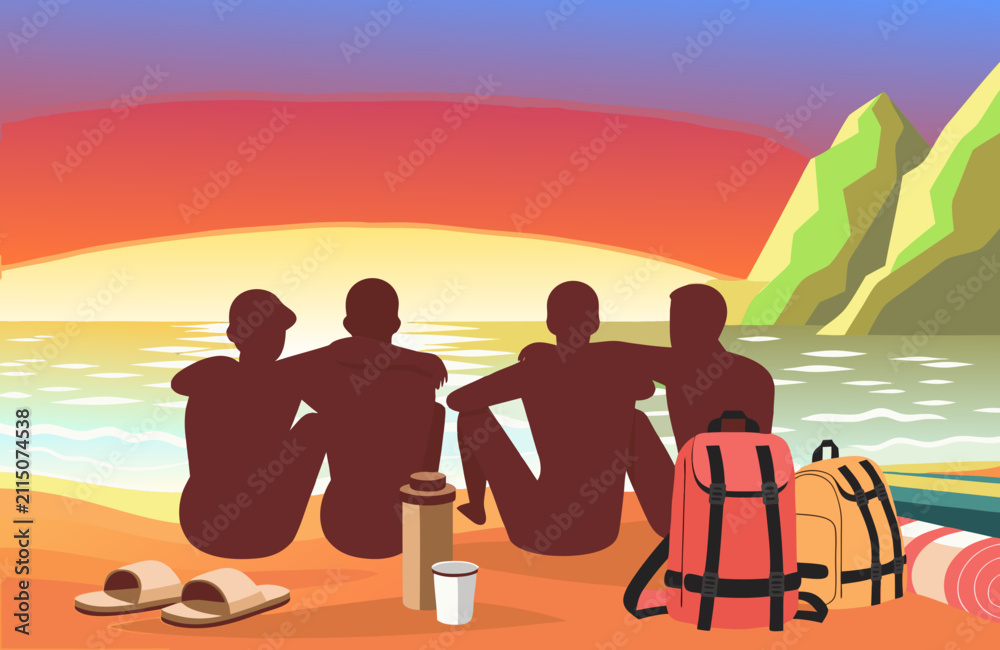 Fototapeta premium Group of friends sitting on sandy beach watching sunset, backpacks and beach accessories, peaceful emotional moment, travel lifestyle concept, summer vacation atmosphere, friendship and freedom