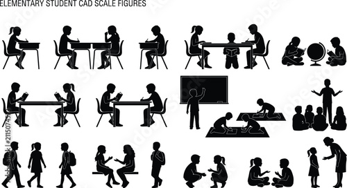 Elementary Student CAD Scale Figures Vector Silhouettes Set of School Children Studying and Learning