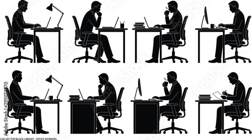 Office Workers Vector Silhouettes Set of Businessmen Working at Desk with Computer and Laptop