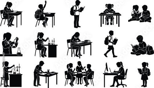 School Kids Learning Activities Vector Silhouettes Set of Students Studying Reading and Experimenting