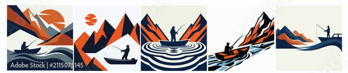 Serene Mountain Lake Fishing Adventures in Stylized Geometric Art