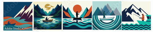 Set of flat vector illustrations depicting peaceful fishing scenes in mountain landscapes with boats and nature scenery