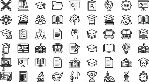 Foto Academic learning and school subject outline icon set featuring calculator troph