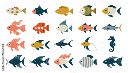 Photography Charming variety of animated fish and marine animals in flat graphic design