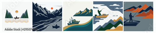 Flat vector illustration of a lone fisherman in a rowboat on a winding river amidst sharp mountain peaks under a dramatic evening sky