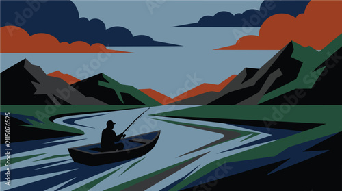 Fisherman in a small wooden boat fishing on a scenic river surrounded by mountains landscape vintage vector illustration