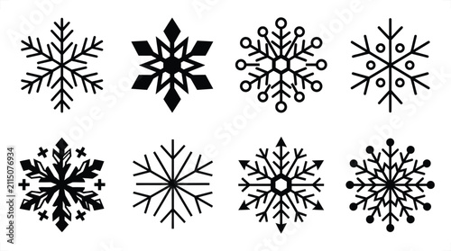 Foto Minimalist snowflake icon set, black winter snow crystal silhouettes, geometric