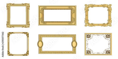 Set of decorative vintage picture frames with ornate patterns and borders