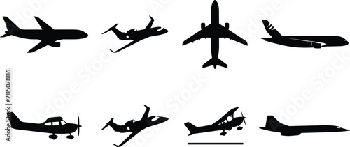Foto Aviation and commercial flight silhouette graphic set featuring passenger jets p