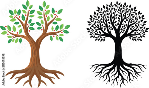 Canvastavla Tree of Life Silhouette and Color Vector Set with Deep Roots and Berries