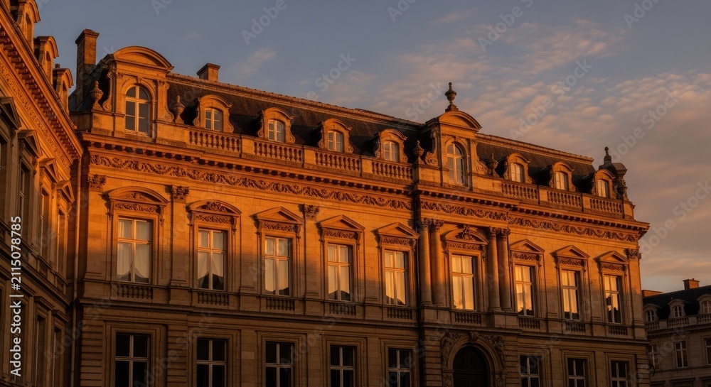 Fototapeta premium Classic stone building facade during golden hour sunset.