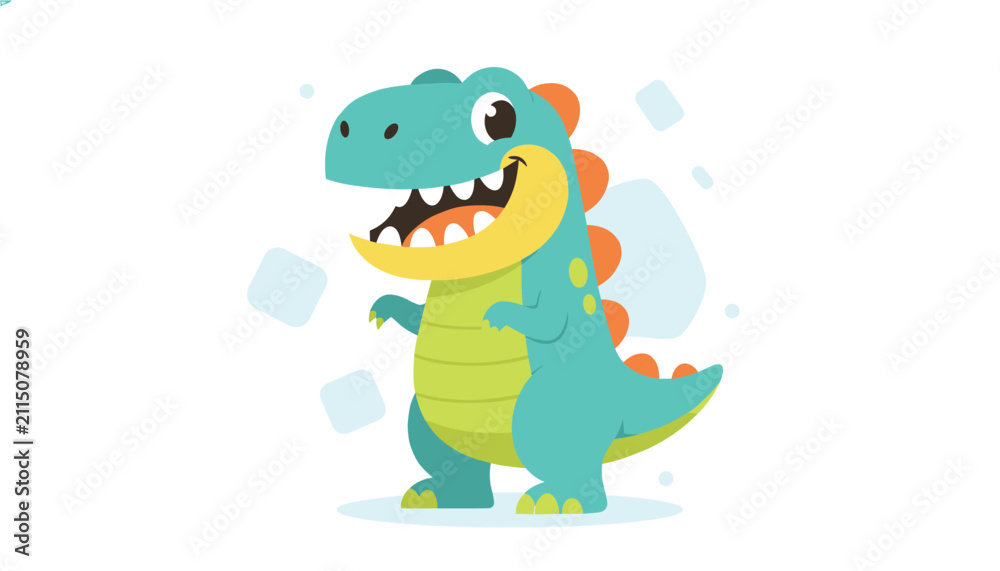 Obraz premium Cute blue and green cartoon dinosaur smiling widely with sharp teeth and orange spines on its back.