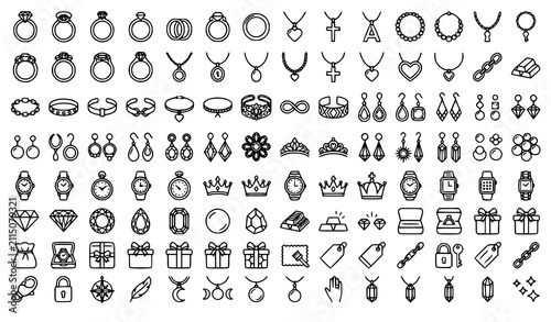 Foto 100 Jewelry Thin Line Icons Collection Editable Stroke Rings Necklace Earrings L