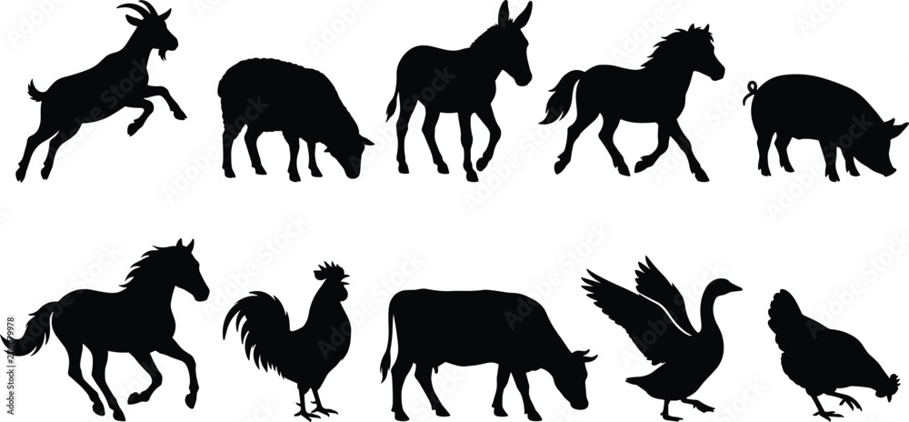 Fototapeta premium Farm Animal Silhouette Vector Set for Agricultural, Educational, and Graphic Design Projects — Black Outline Illustrations of Domestic Livestock and Poultry