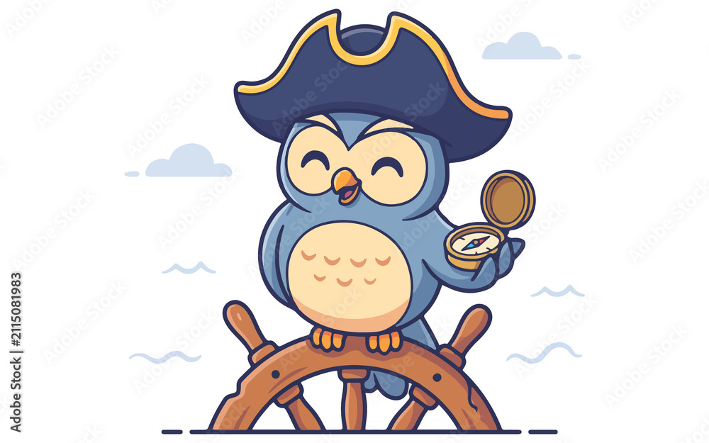 Naklejka premium Funny cartoon owl pirate captain steering ship and holding navigation compass