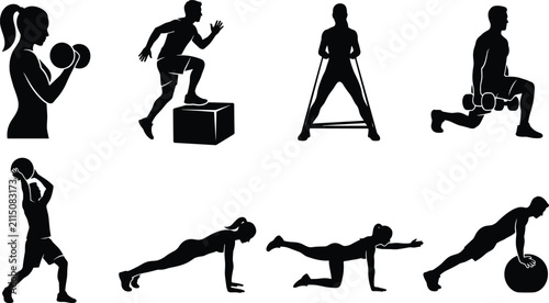 Foto Fitness and workout vector silhouettes set featuring men and women exercising wi