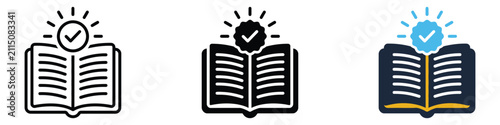 Konstfotografi Open book icon set with checkmark badge and rays for approved knowledge, study,