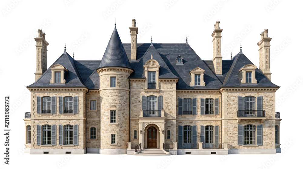 Fototapeta premium Chateau mansion isolated on white background, suburban home building architecture exterior for residential real estate property and luxury houses