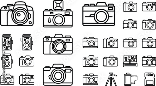 Fotografie Camera gear outline icon set featuring vintage models dslr bodies tripod film ro