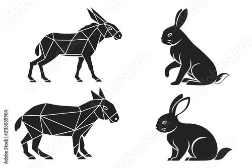Four black animal silhouettes of horse and rabbit