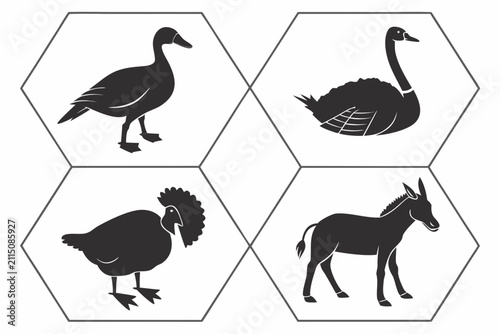 Four black bird and animal icons in flat style
