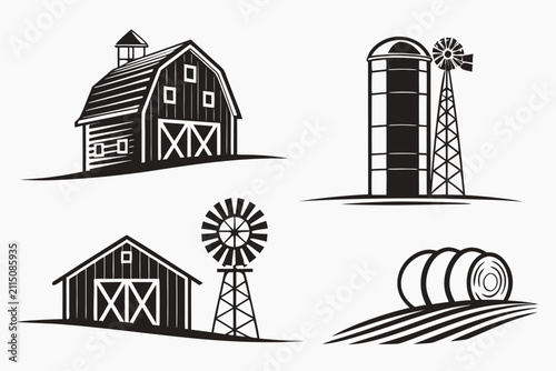 Four black and white farm buildings and windmill icons