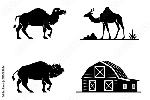 Farm animals and barn vector illustration set