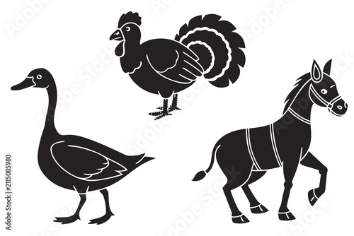 Three farm birds and horse black and white vector illustration