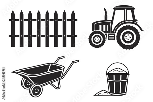 Farm equipment icons set with tractor and tools