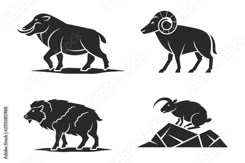 Four black goat silhouettes standing and lying down