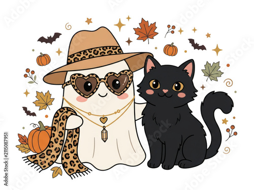 Kawaii halloween ghost character and black cat illustration