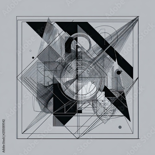 Intricate Geometric Abstract Art with Intersecting Lines and Circles in Monochrome Minimalist Style