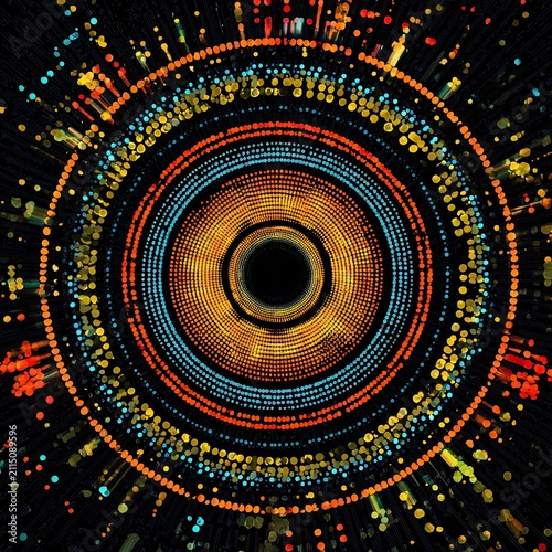 Futuristic Circular Data Visualization with Vibrant Dotted Patterns and Dynamic Motion Effect in Neon Colors