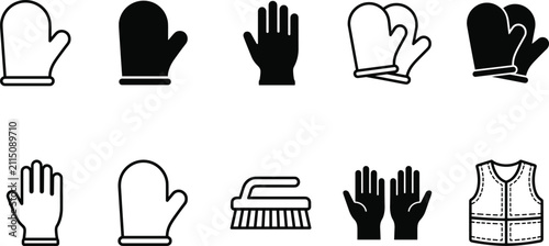 Glove oven mitten icon set vector cooking kitchen cleaning brush safety vest protective gear outline silhouette domestic equipment housework