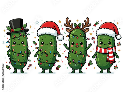 Group of cute christmas pickles wearing holiday hats and lights