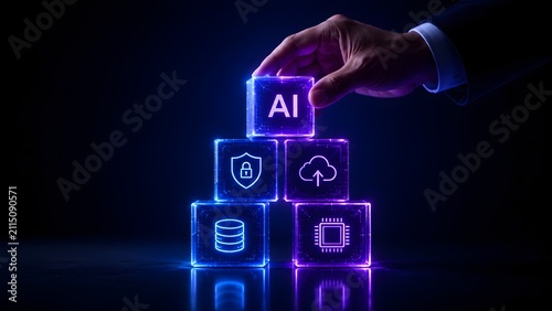 Businessman stacking illuminated digital blocks with artificial intelligence and cloud security icons for modern corporate technology ecosystem and advanced data protection infrastructure