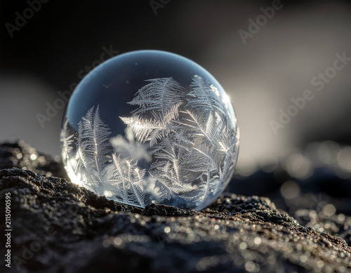 macro of a frozen soap bubble filled with delicate ice crystals resting on black volcanic basalt surface 