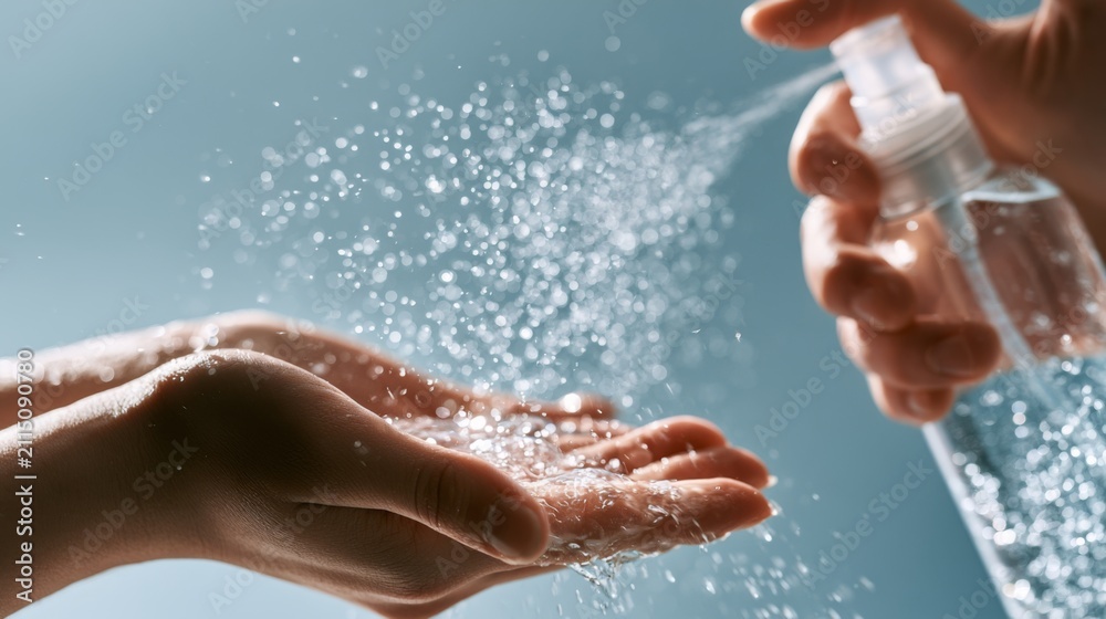 Fototapeta premium Disinfectant Spray Misting Technique for Effective Hand Cleaning and Hygiene Practice in Daily Life