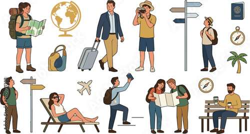 Obraz na plátne Travel and vacation vector illustration set featuring tourists with luggage read