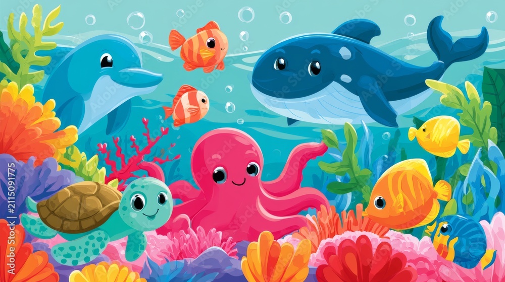 Obraz premium Colorful Cartoon Ocean Scene with Friendly Marine Animals Peeking Through Vibrant Coral Reefs