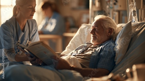 Caregiver Reading Favorite Book to Elderly Patient in Hospital Room with Warm Lighting